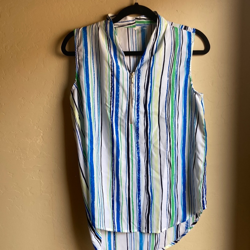 Women’s sleeveless stripe blouse with zipper Blue and green stripes